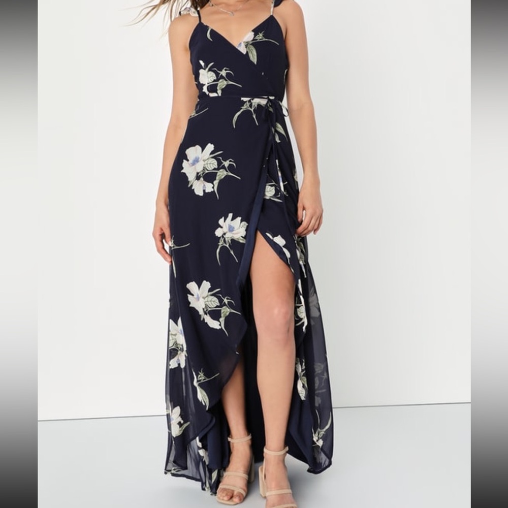 Navy Blue Floral High Low Wrap Dress